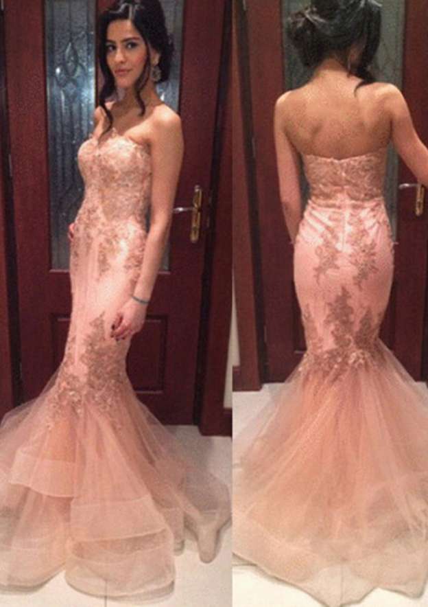 Trumpet/Mermaid Sleeveless Sweetheart Sweep Train Tulle Prom Dress With Appliqued