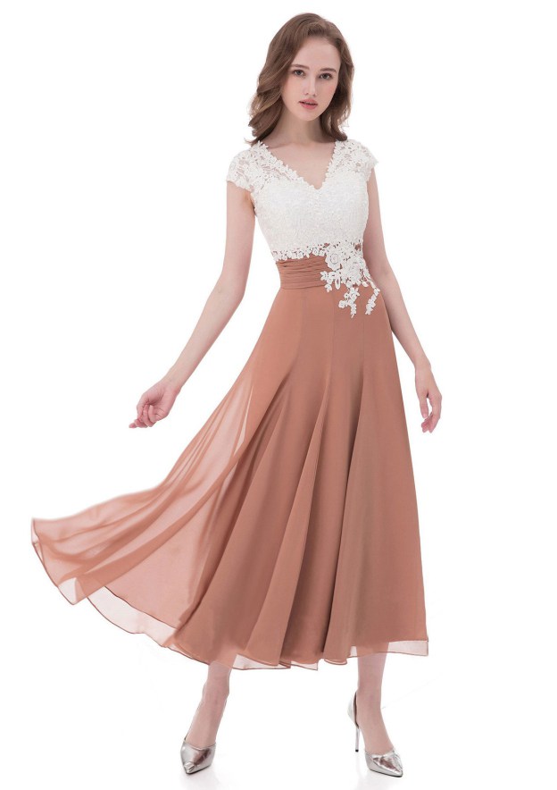 A-Line/Princess V-Neck Tea-Length Chiffon Mother Of The Bride Dress With  Lace - Moms Dresses - Stacees