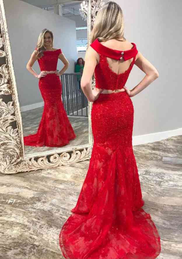 chinese dress ladies Floral Lace Trumpet Sleeve Full Length Oriental Evening Dress with Tulle Skirt Burgundy / L