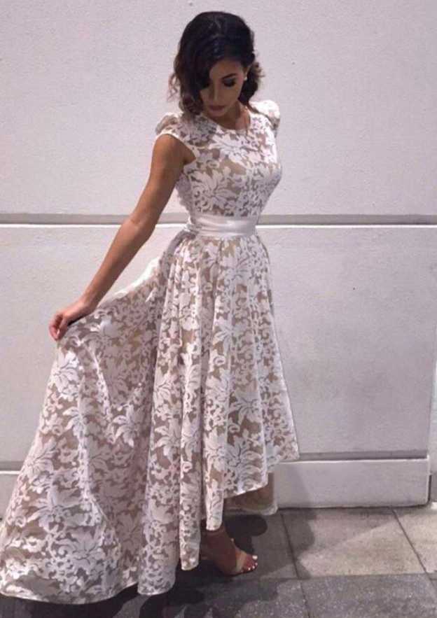 Sleeveless Scoop Neck Asymmetrical A-line/Princess Lace Prom Dress With  Sashes - Prom Dresses - Stacees