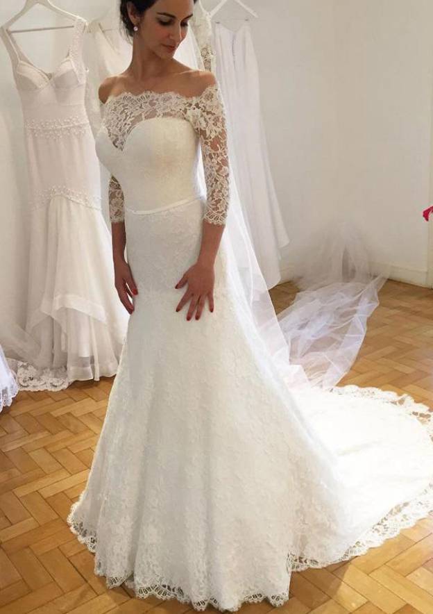 3/4 Sleeve Off-the-Shoulder Court Train Sheath/Column Lace