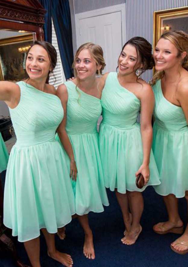 A-Line/Princess One-Shoulder Sleeveless Ruched Baby Shower Bridesmaid Dresses with Split Side