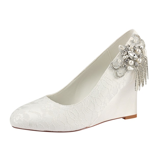 Close Toe Wedge Heel Lace Wedding Shoes With Imitation Pearl Rhinestone
