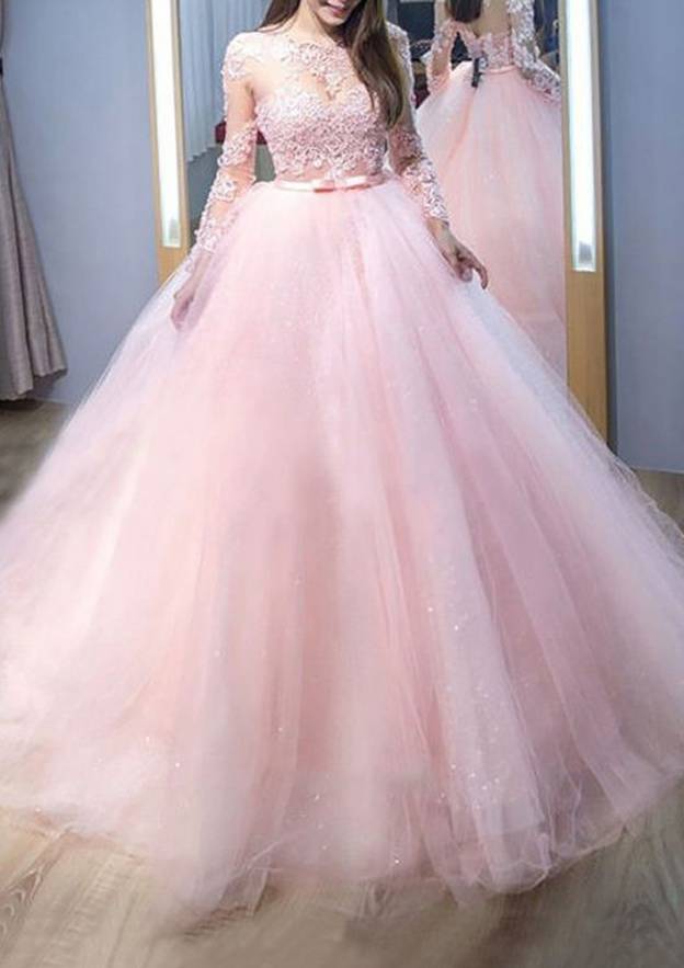 Ball Gown Sleeveless Bateau Beading Floor-Length Tulle Prom Dresses main image 0