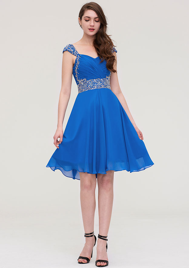 A-Line/Princess Deep V-Neck Sleeveless Short/Mini Homecoming Dresses with Beaded and Ruffles main image 1