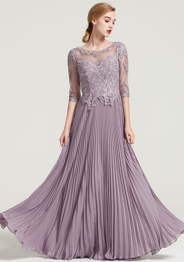 Half Sleeves Lace Top Chiffon Dress with Pleated Periwinkle
