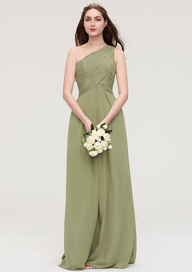 Custom Made Sleeveless One Shoulder Pleated A-Line Floor Length Bridesmaid Dresses