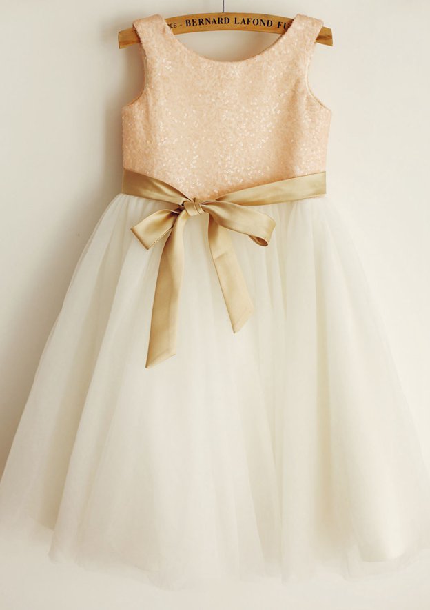 Scoop Neckline Knee-Length Satin/Tulle Flower Girl Dress Blushing Pink