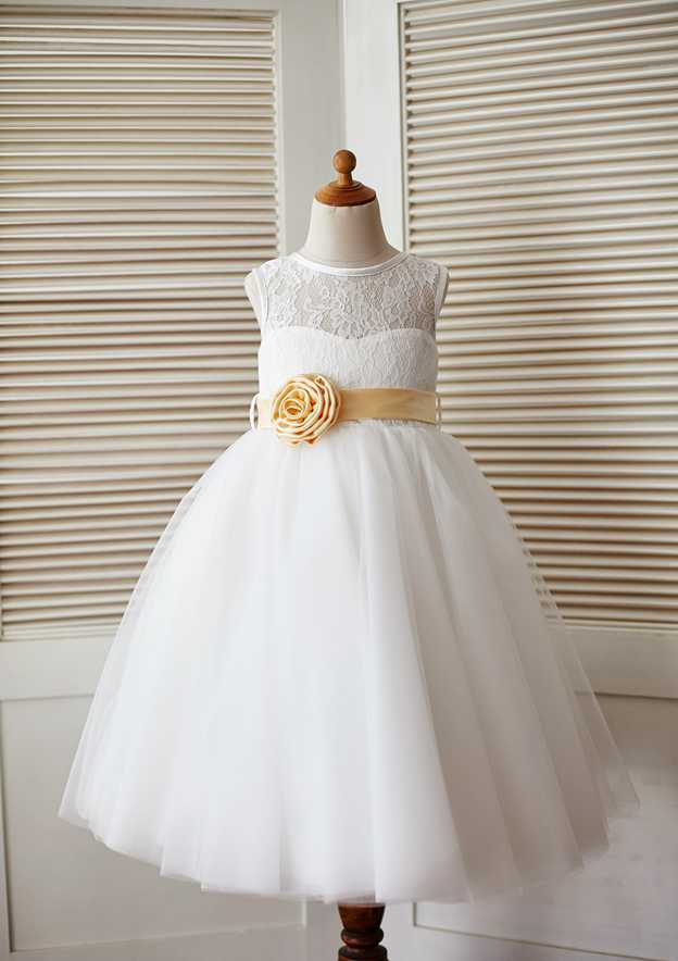 A-Line/Princess Round Neck Long Sleeves Flower Girl Dresses with Pearl & Bow