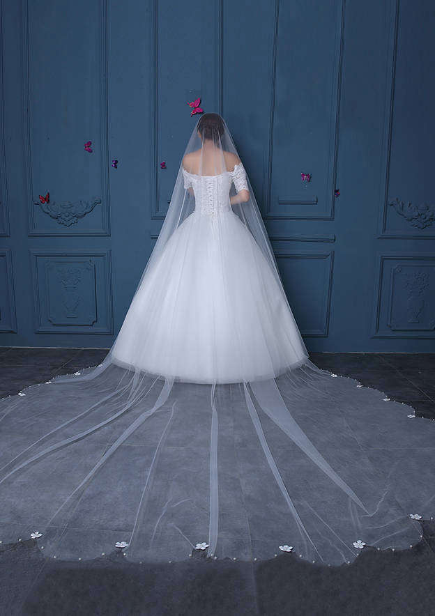 One-tier Cut Edge Tulle Cathedral Veils with Flower CV0208 main image 1