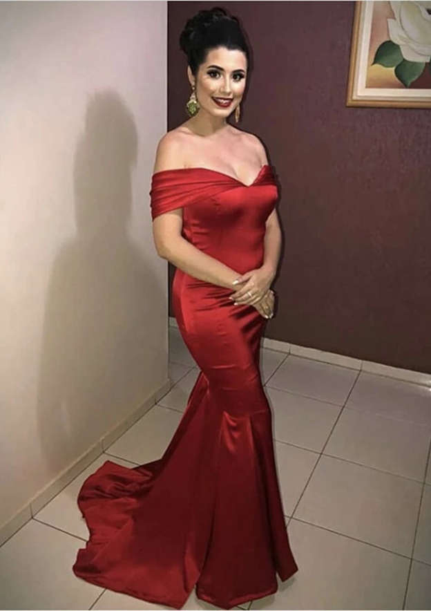 2022 Prom Dresses Off The Shoulder Satin Mermaid Sweep Train