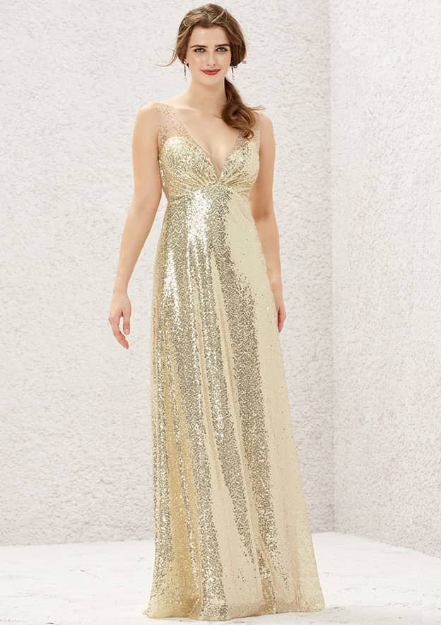 Stacees Bridesmaid Dress A-line Empire V Neck Long/Floor-Length Sequined - Champagne