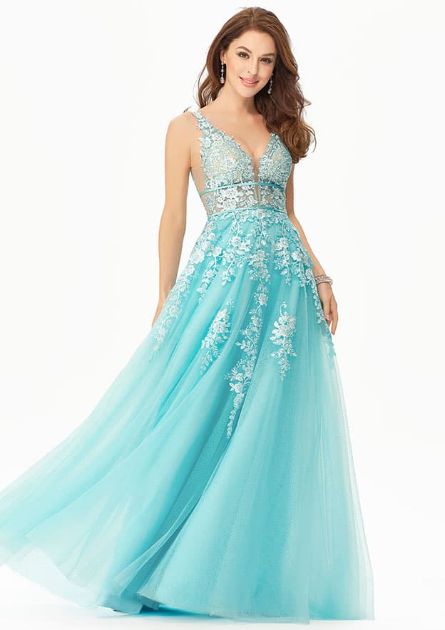 A Line Deep V Neck Sleeveless Tulle Long Prom Dresses With Appliques LBQ2489