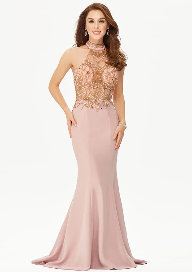Women's Elegant Trumpet/Mermaid Stretch Crepe Strapless Sweep/Brush Train Long Prom Dresses