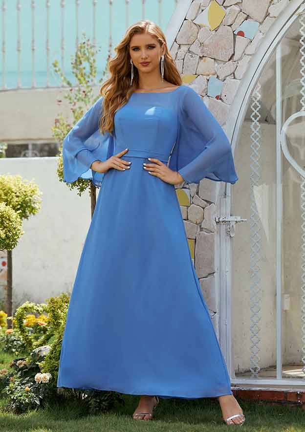 Stacees Mother of The Bride Dress A-Line Scoop Neck 3/4 Sleeve Chiffon Long/Floor-Length - Rich Blue