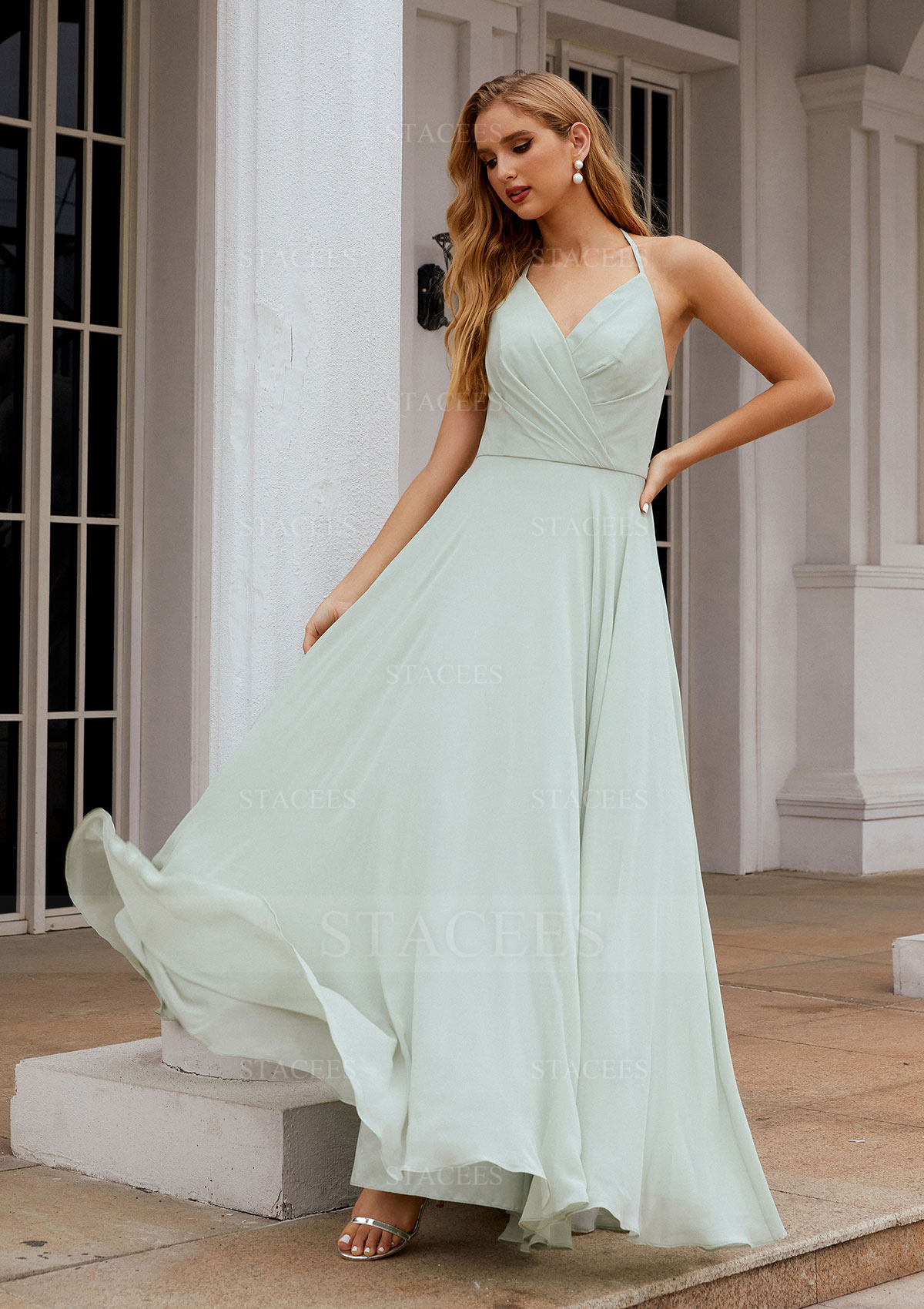 ruffled halter bridesmaid dress Laurel Unique Halter Ruffles Floor Length Chiffon Bridesmaid Dresses, Olive Green
