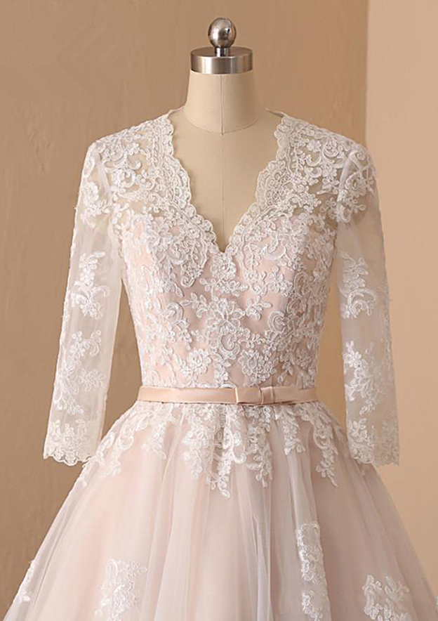 A-line V Neck Full/Long Sleeve Lace Tulle Tea-Length Wedding Dress With  Waistband - Wedding Dresses - Stacees