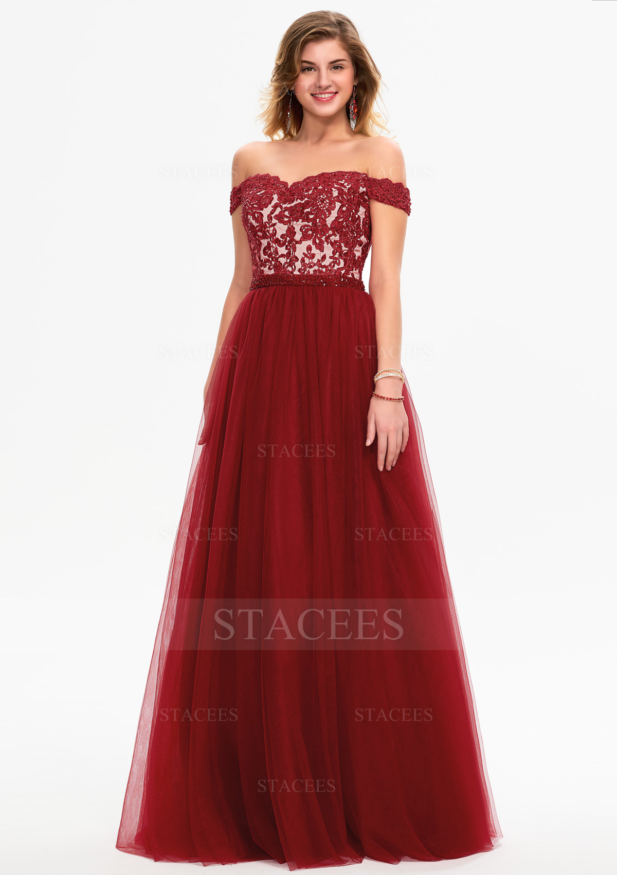 A-line Princess Off-the-Shoulder Sleeveless Tulle Long/Floor-Length Prom Dress With Beading Lace Sequins - Prom Dresses - Stacees A-line Princess Off-the-Shoulder Sleeveless Tulle Long/Floor-Length Prom Dress With Beading Lace Sequins - Prom Dresses - Stacees