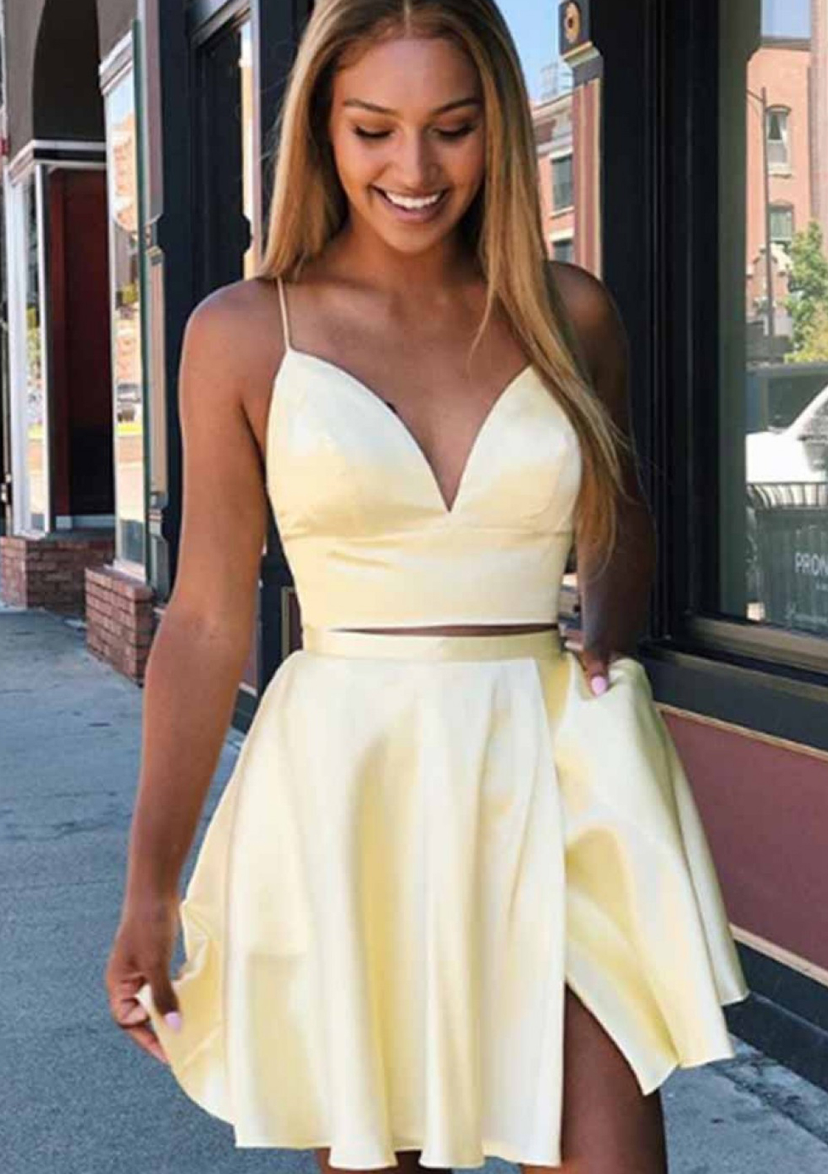 Cocktail Dress Cheap Yellow Homecoming Dresses Dresses For Homecoming:  Yellow Satin Homecoming Dress With Criss Cross