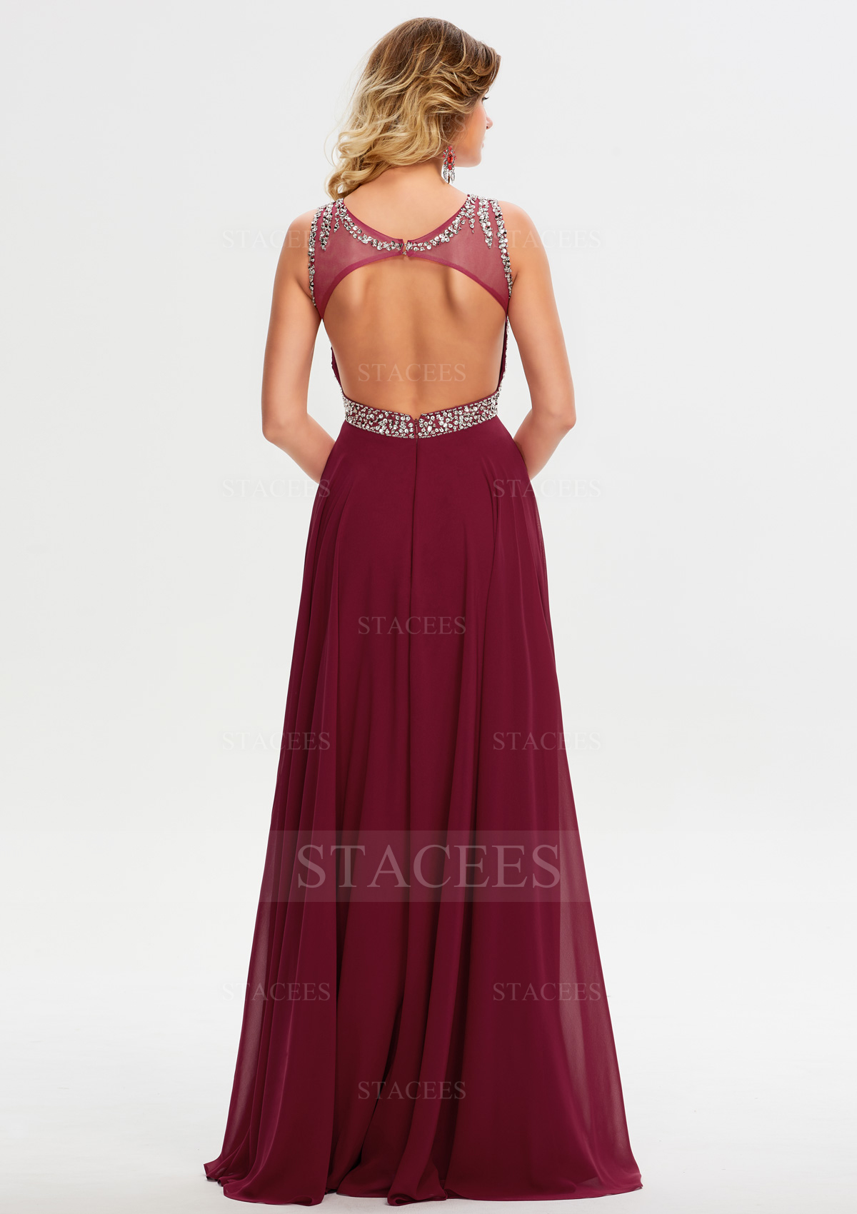 Open Back Long A-line Chiffon Prom Dress With Beading Sequins - Prom Dresses  - Stacees