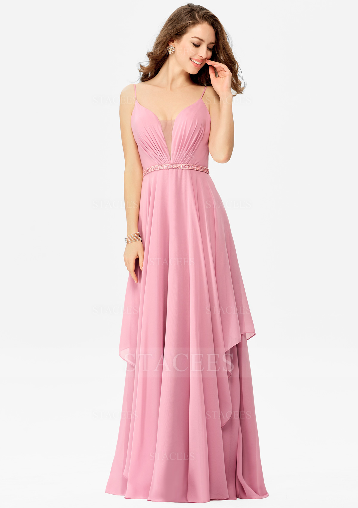 A-line V Neck Chiffon Sweep Train Prom Dress With Beading