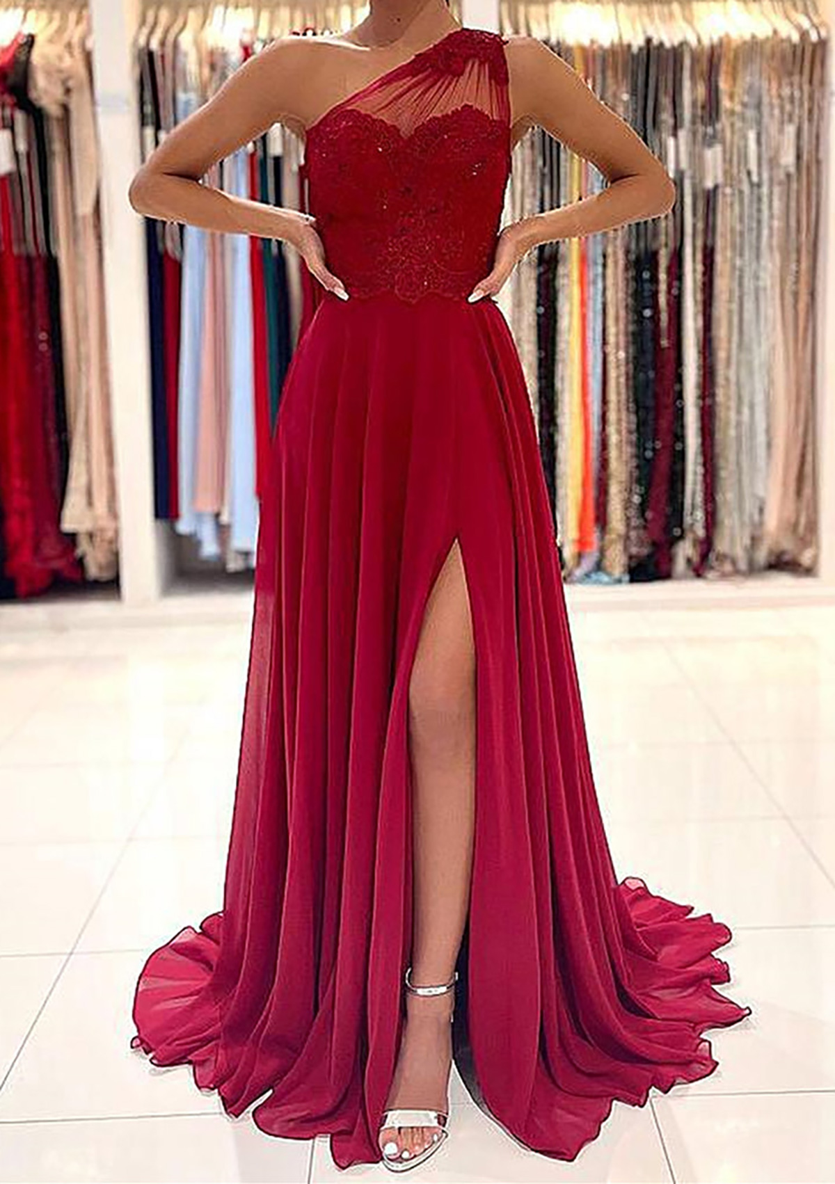 A-line One-Shoulder Sleeveless Chiffon Sweep Train Prom Dress With  Appliqued Beading - Prom Dresses - Stacees