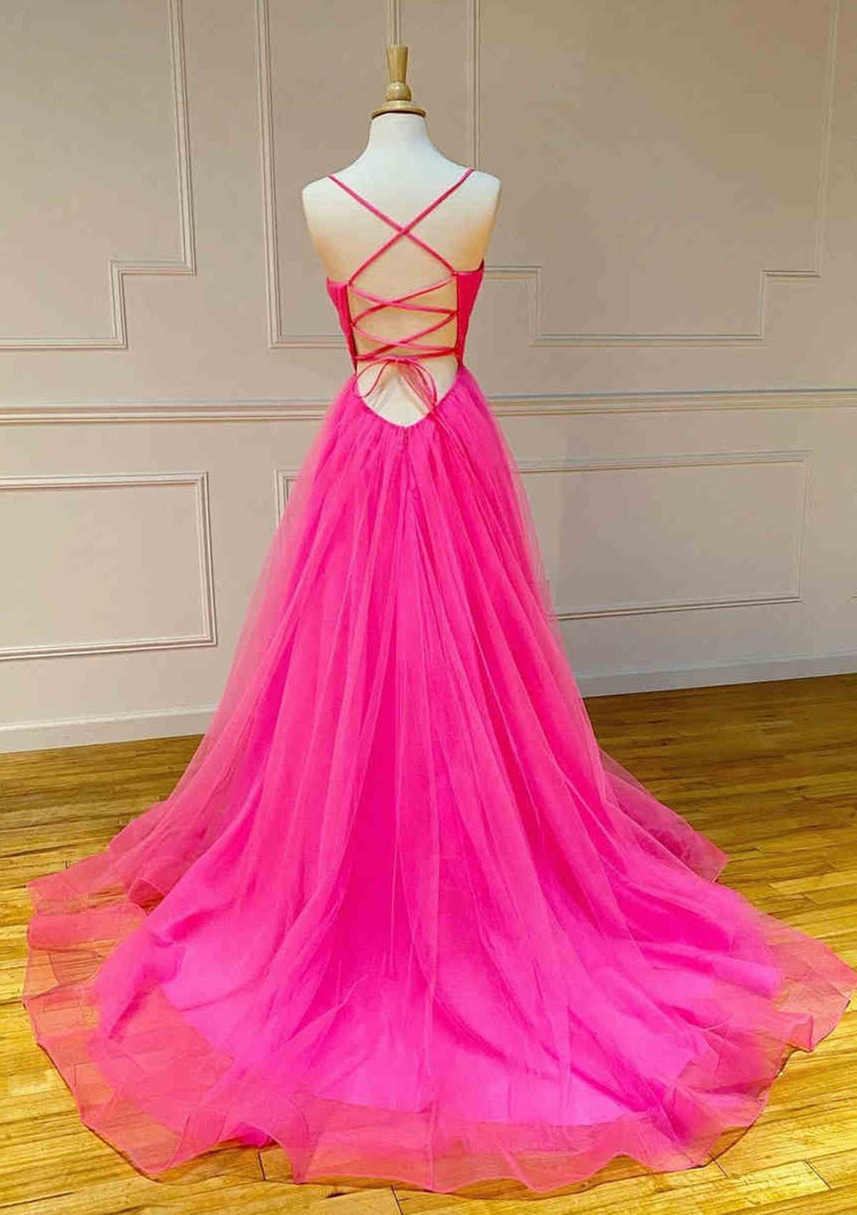 A-line V Neck Sweep Train Tulle Prom Dress With Pleated - Prom
