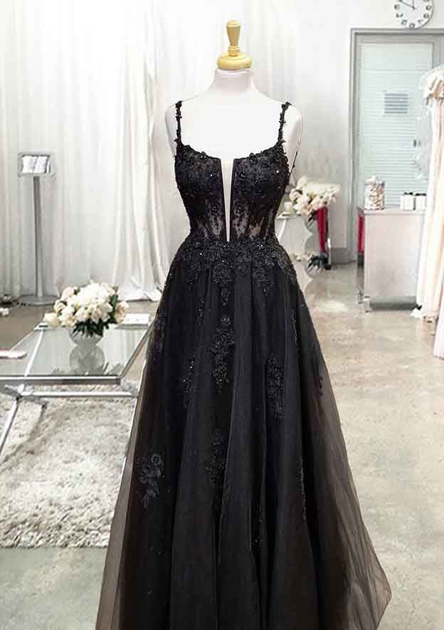Trumpet/Mermaid V Neck Spaghetti Straps Long/Floor-Length Tulle Formal Prom Dress With Appliqued Beading main image 1