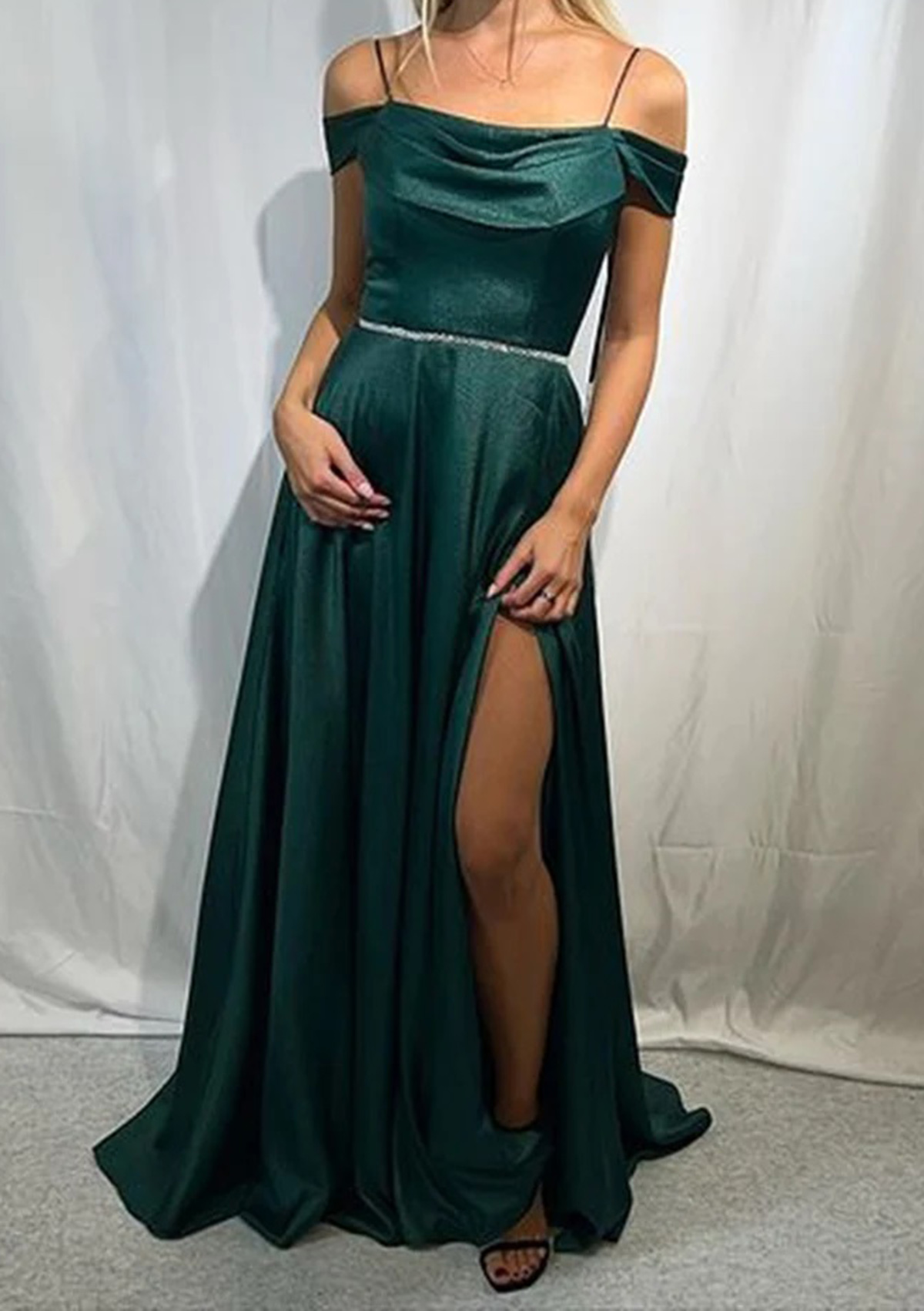 A-line Off-the-Shoulder Sleeveless Long/Floor-Length Satin Prom Dress with  Pleated Waistband Split - Prom Dresses - Stacees