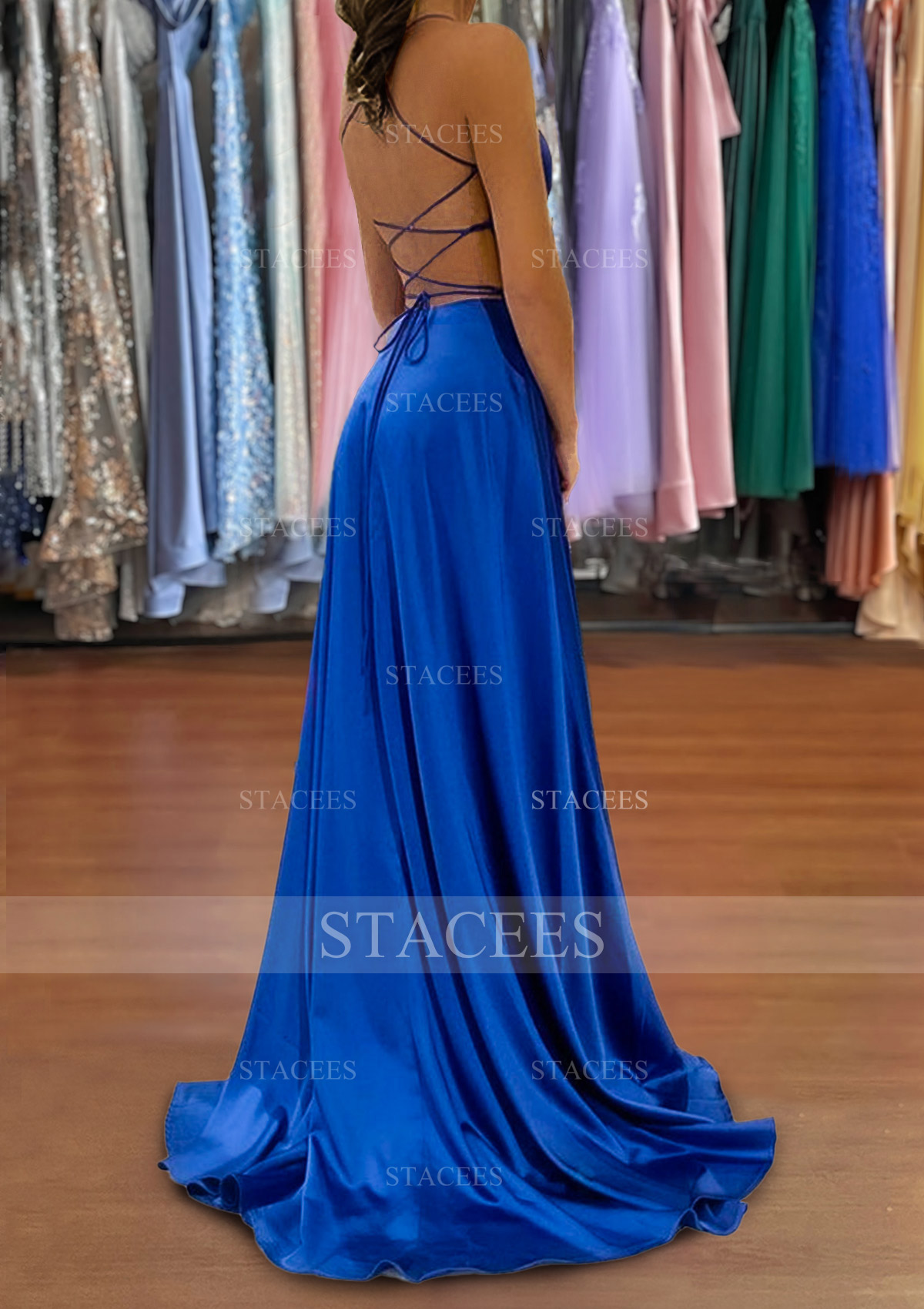 A-line V Neck Charmeuse Sweep Train Prom Dress