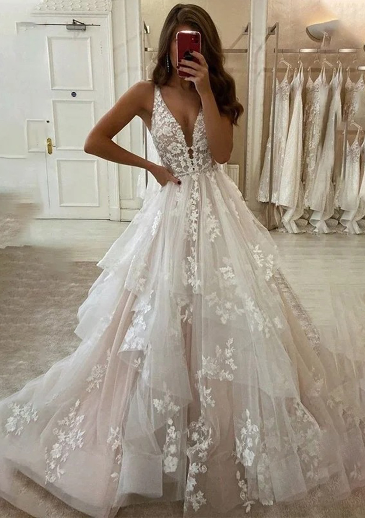 A-line Long/Floor-Length Tulle Wedding Dress with Appliqued Ruffles