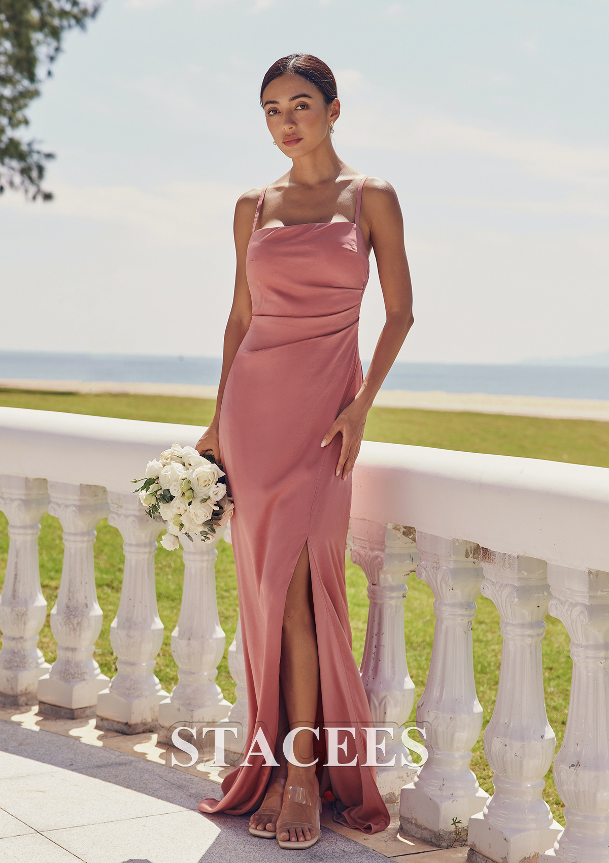 Blush Pink Satin Bridesmaid Dress Sheath/Column Square Neckline Straps Sleeveless Stretch Satin Bridesmaid Dresses