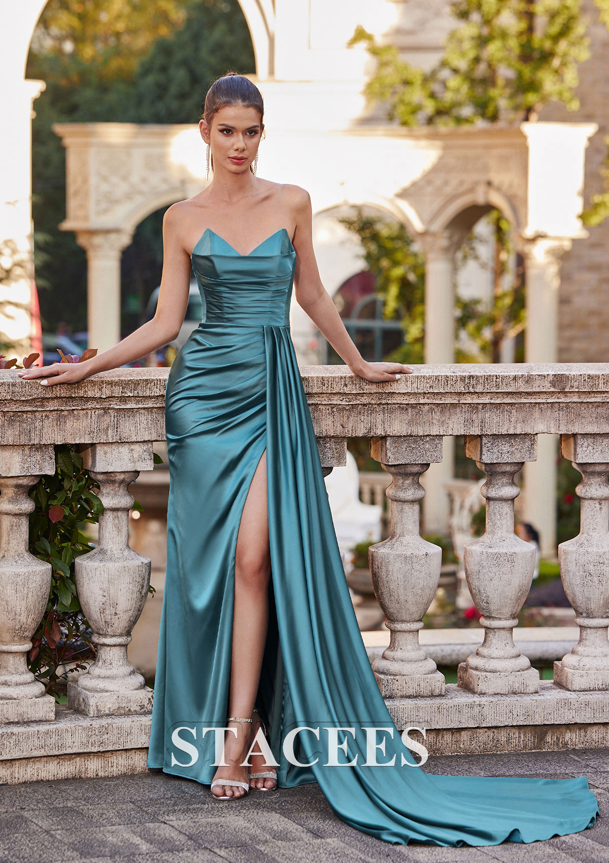 Sheath V-neck Sweep Train Satin Prom Dresses Dusty Sage main image 1