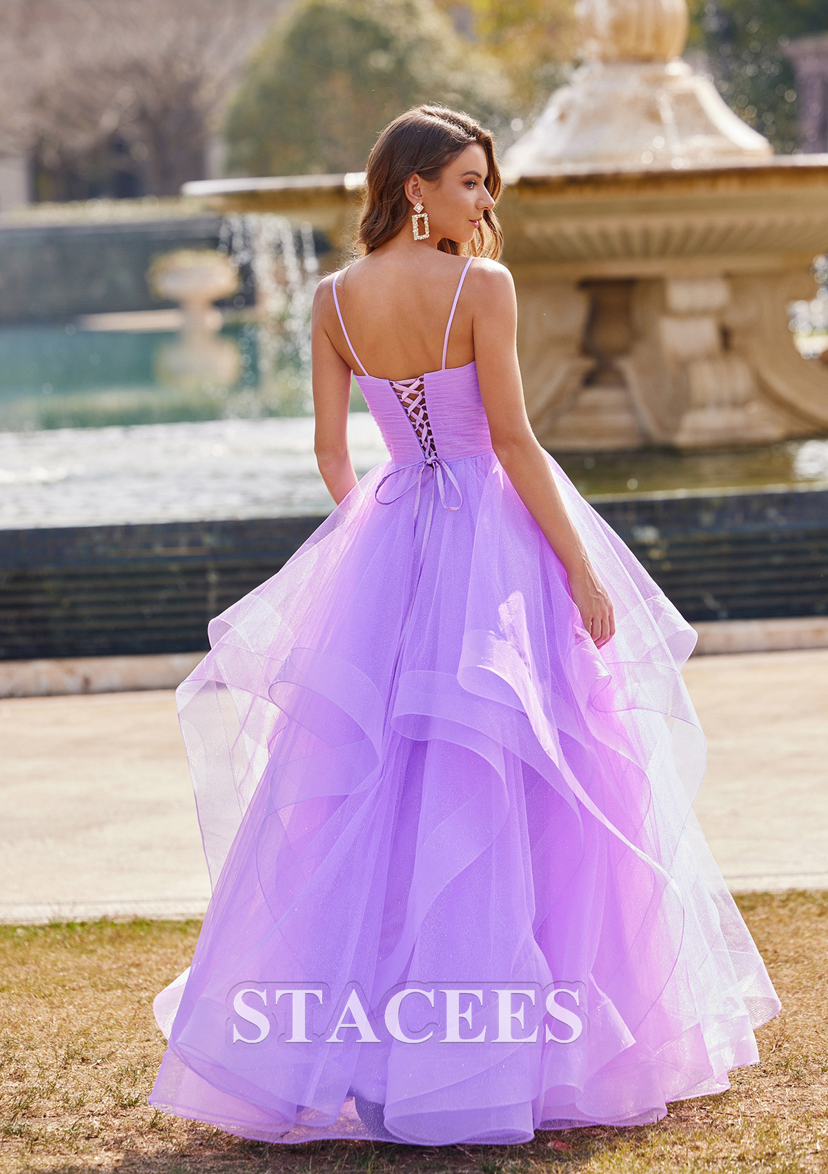 Princess V-Neck Floor-length Tulle Prom Dresses Slate Blue