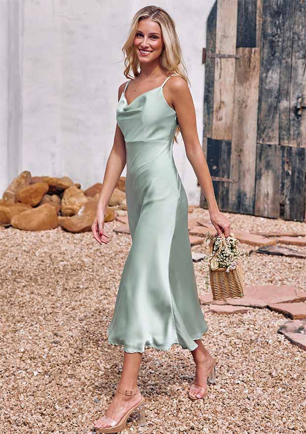 Rust Colored Formal Dresses Sheath/Column Straps Cowl Neck Tea Length Stretch Satin Formal Dress