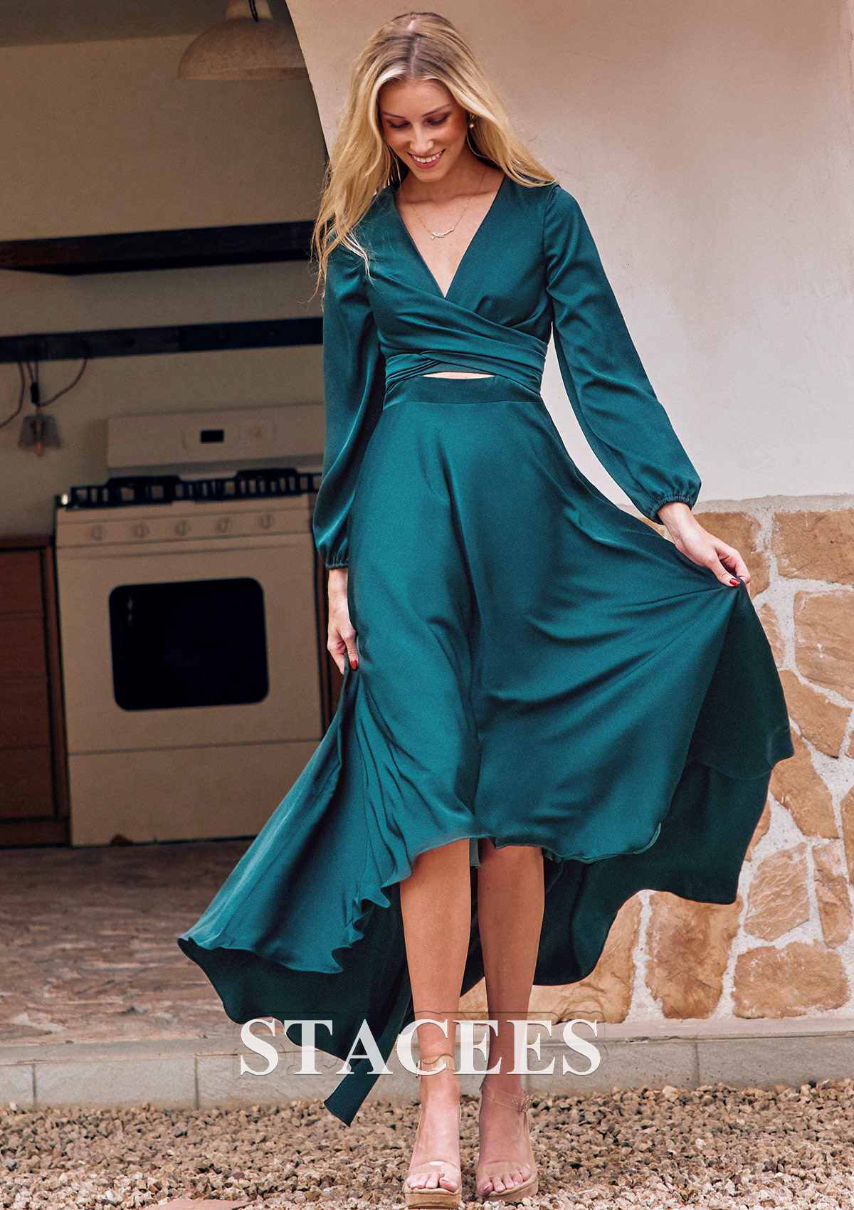 Satin V-neck Fitted Bodice Bridesmaid Dress With Double Banded Waistline