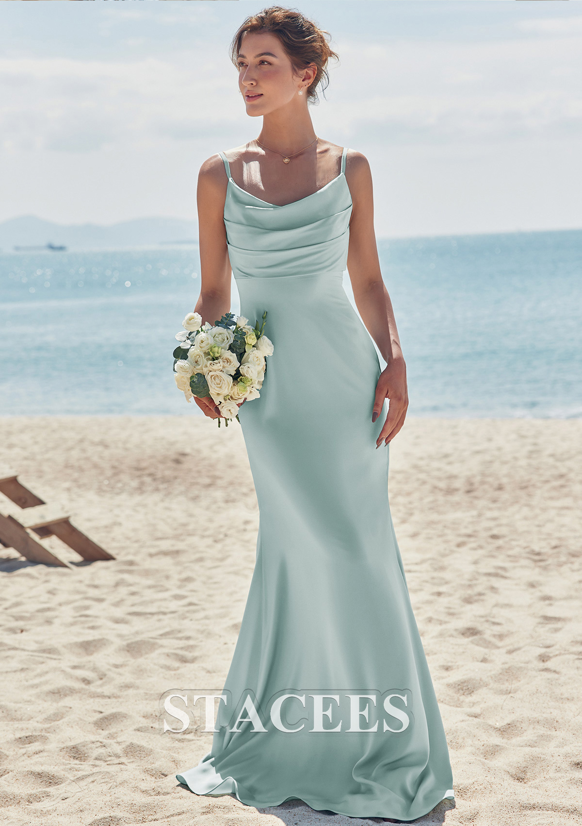Bridesmaid Dresses Champagne Colour Sheath/Column Straps V Back Floor Length Stretch Satin Bridesmaid Dress