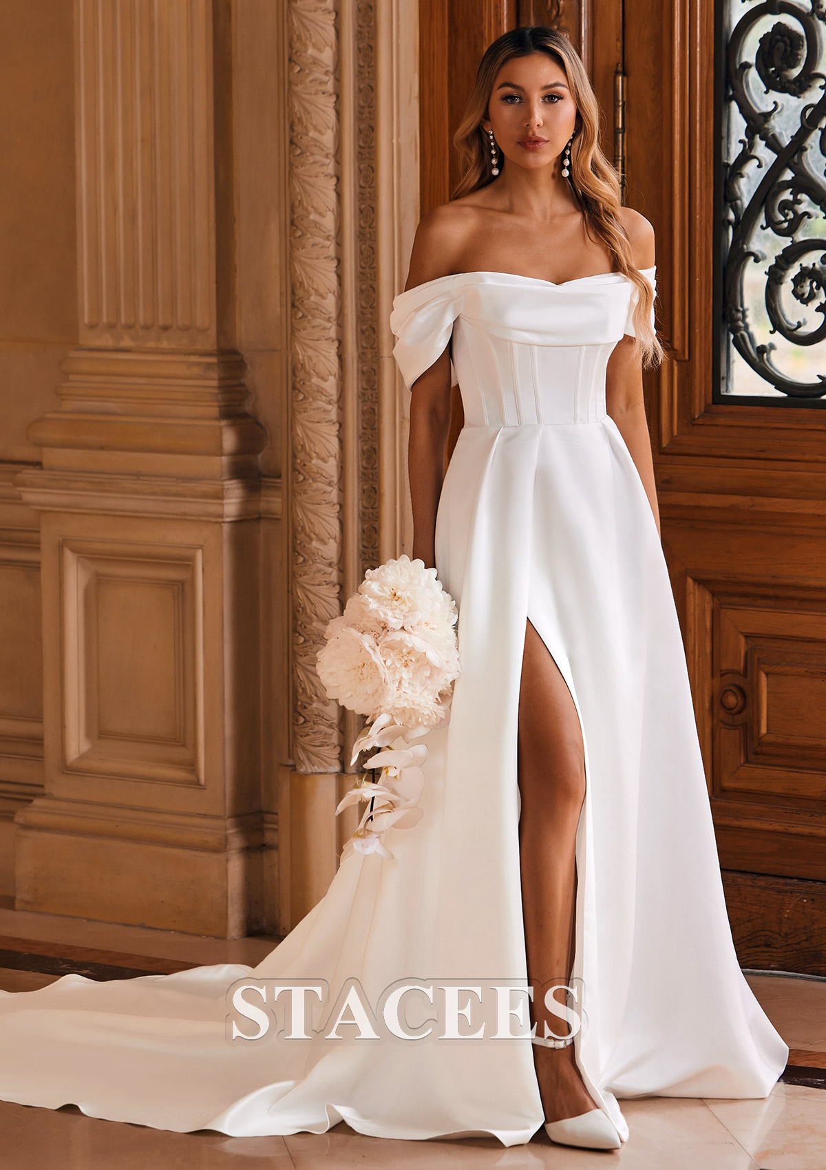 Classic A line Off Shoulder High end Satin Chapel Train Wedding Dress Classic A line Off Shoulder High end Satin Chapel Train Wedding Dress