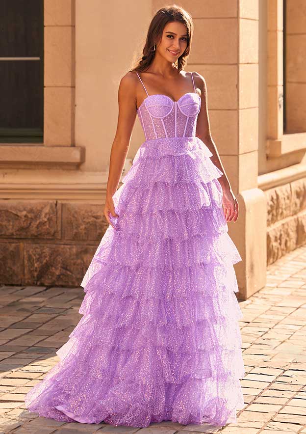 Aline Princess Sequined Prom Dress Sweetheart Sweep Train with Ruffles