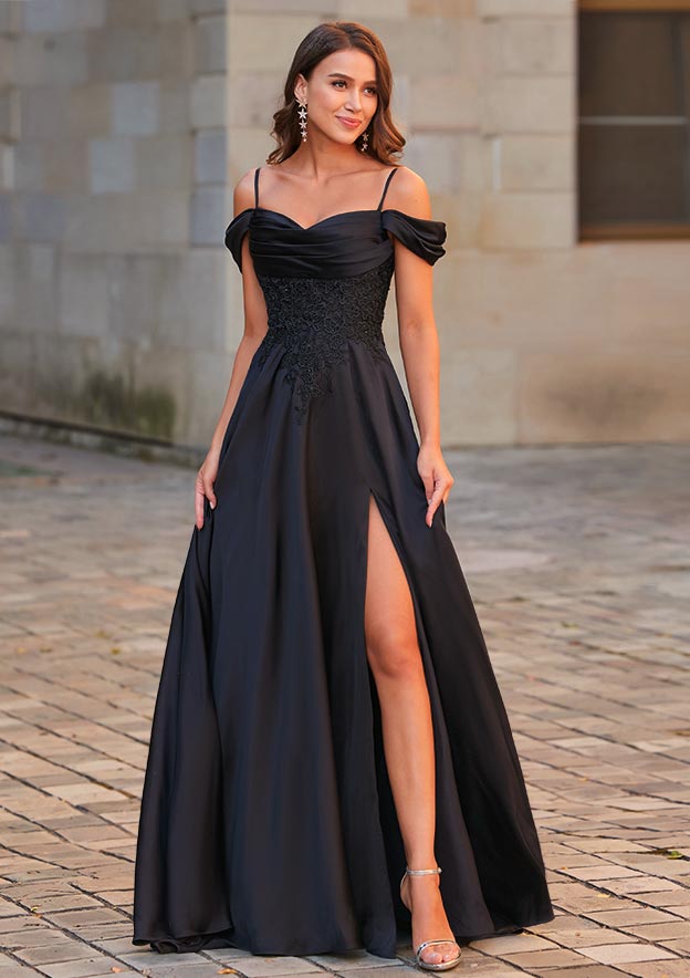 A-line Off-the-Shoulder Satin Sweep Train Prom Dress with