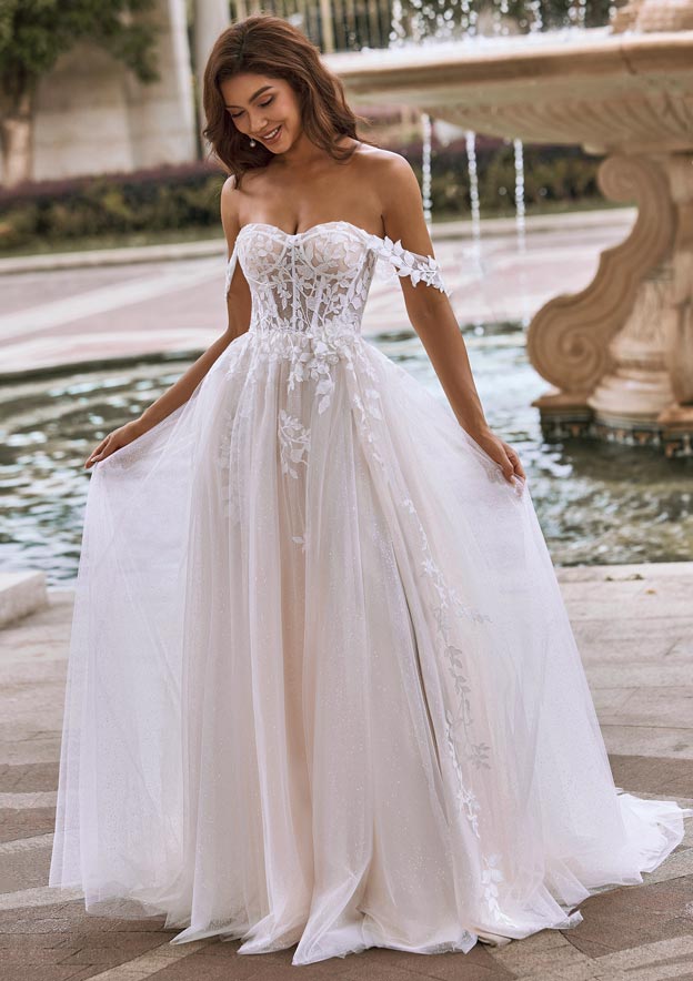 Chic Stretch Crepe Fit and Flare Chapel Train Wedding Dress