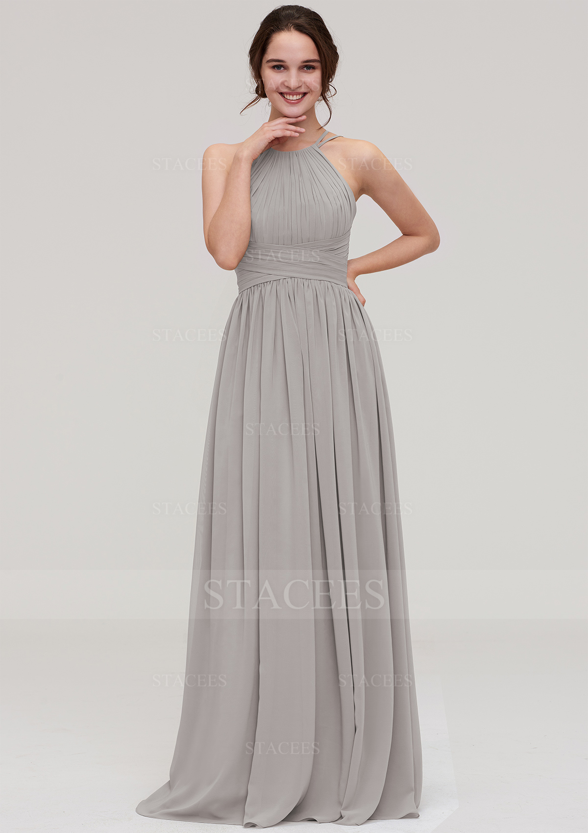 A-line/Princess Halter Sleeveless Long/Floor-Length Chiffon Bridesmaid Dress With Pleated