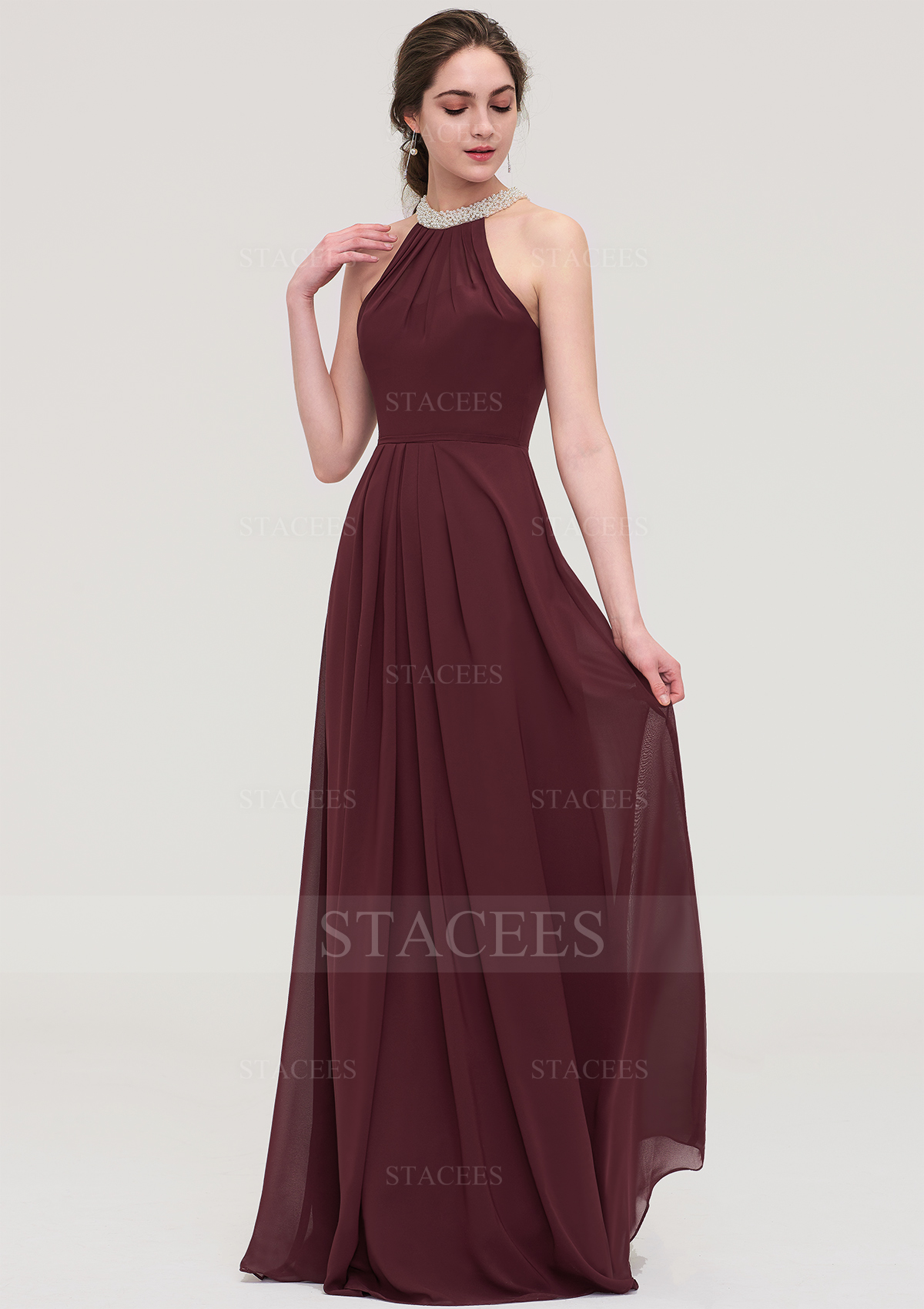 Chiffon Bridesmaid Dress A-line/Princess Halter Sleeveless Long/Floor-Length With Beading Pleated