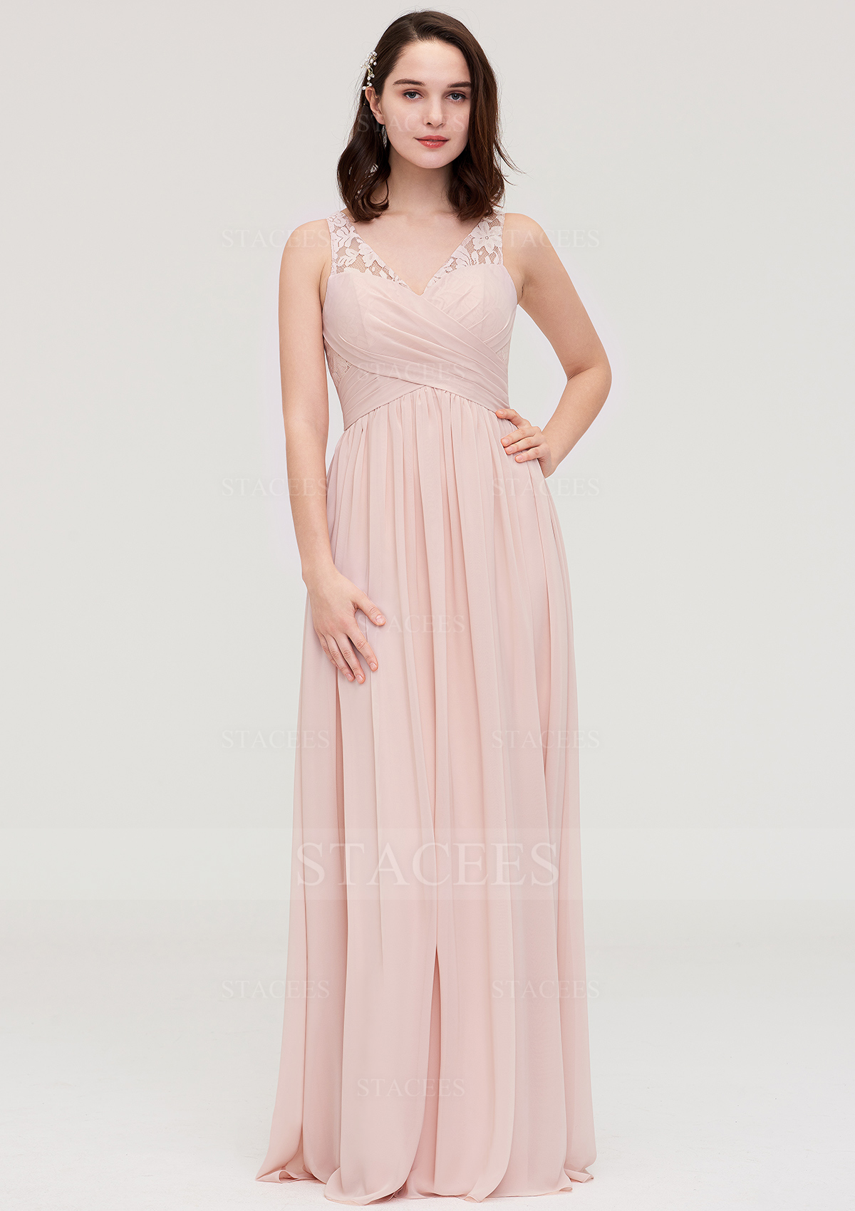 Vestido línea a escote en v gasa hasta el suelo vestido de dama de honor