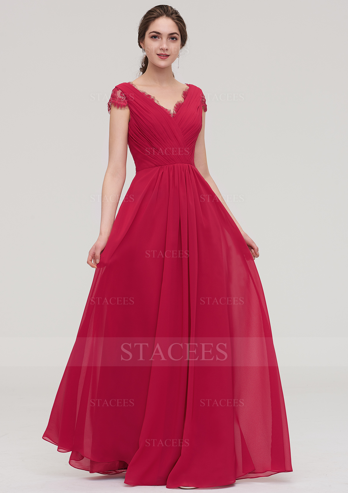Chiffon Bridesmaid Dress A-line/Princess V Neck Sleeveless Long/Floor-Length With Lace Pleated
