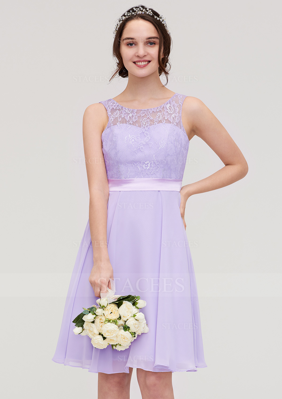 Vestido línea a escote bandeja gasa hasta la rodilla vestido de dama de honor