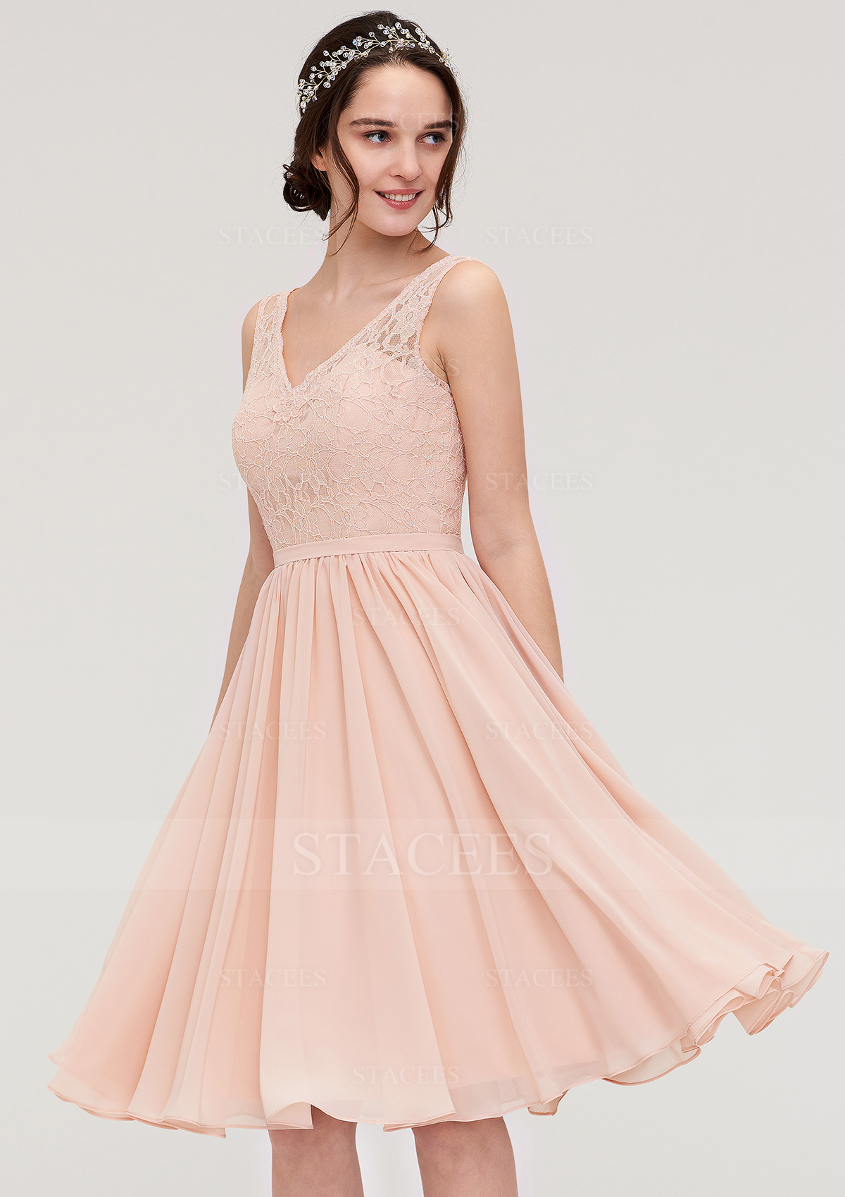 Vestido línea a escote en v gasa hasta la rodilla vestido de dama de honor