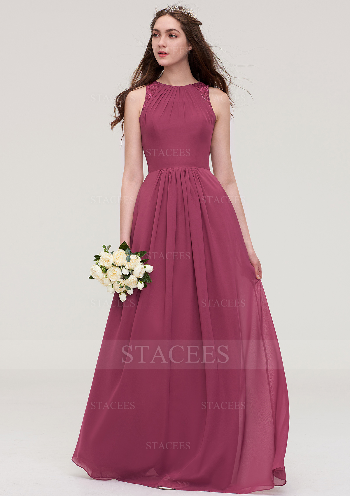 Chiffon Bridesmaid Dress A-line/Princess Bateau Sleeveless Long/Floor-Length With Lace Pleated