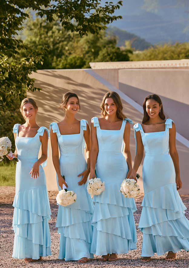 A-line Square Neckline Ruffle Straps Tiered Stretch Satin Slit Bridesmaid  Dress S6060B - Bridesmaid Dresses - Stacees