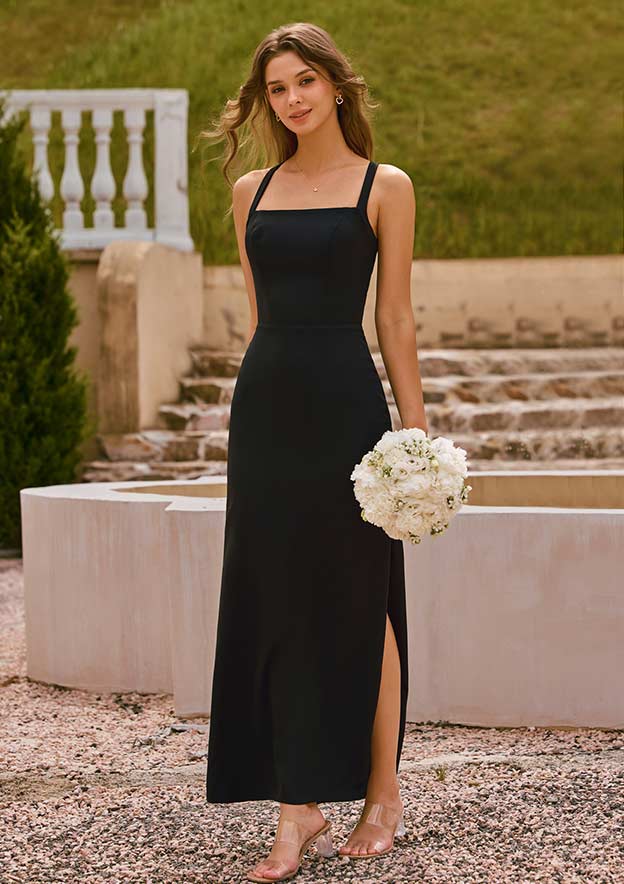 Simple Fitted Square Neck Crisscross Back Stretch Crepe Bridesmaid Dress with Side Slit Simple Fitted Square Neck Crisscross Back Stretch Crepe Bridesmaid Dress with Side Slit